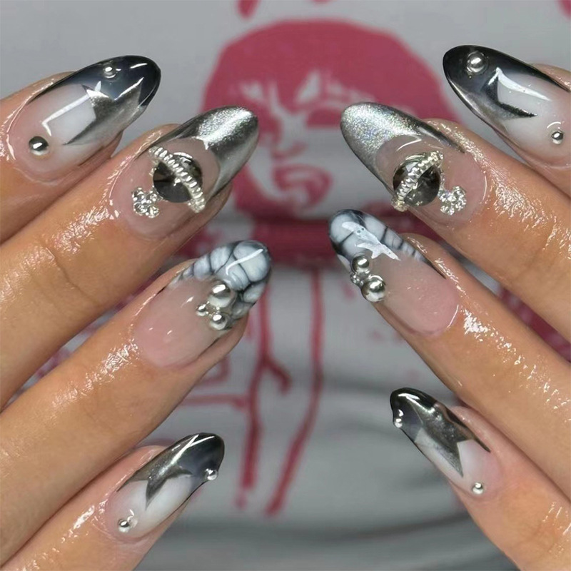 Wearable Nail Tips with French-Style Silver Powder Stars, European and American Foreign Trade Rhinestone Nail Stickers, Wholesale Removable Nail Art Stickers