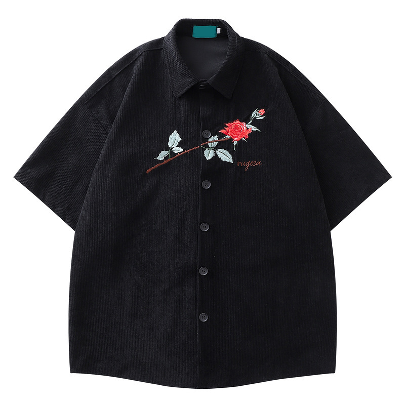 YPRS Men's Ami Khaji Rose Embroidered Antique Corduroy Short Sleeve Shirt Men's and Women's Ins Retro Shirt