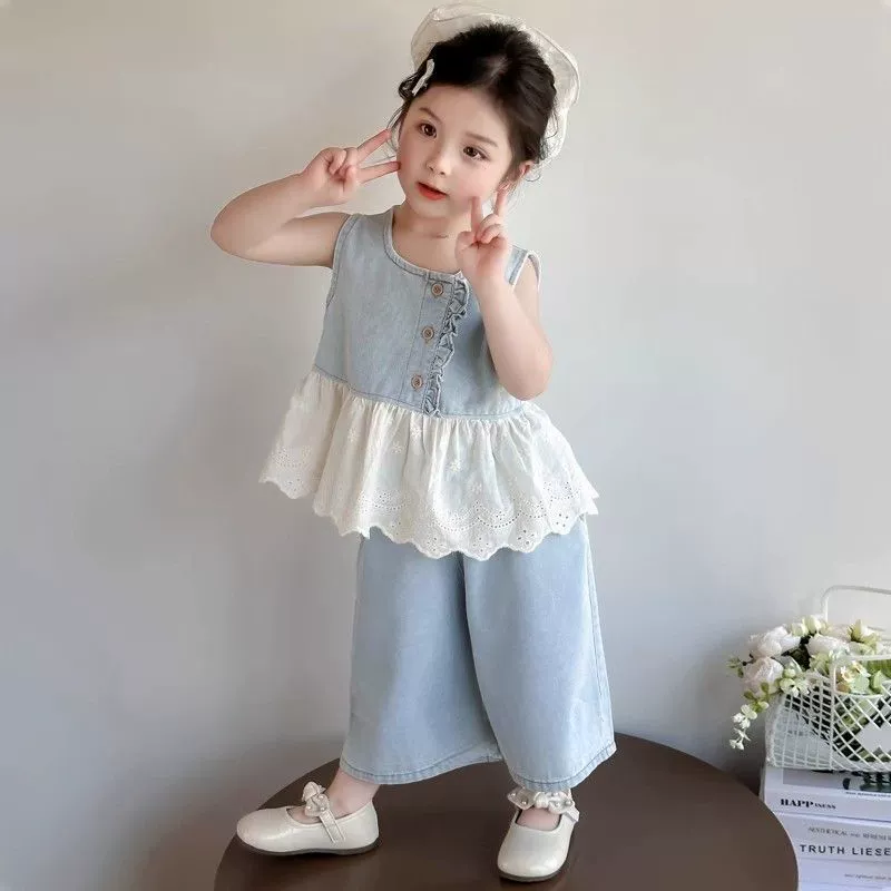 Summer set, denim vest sleevless, western style, Korean style
