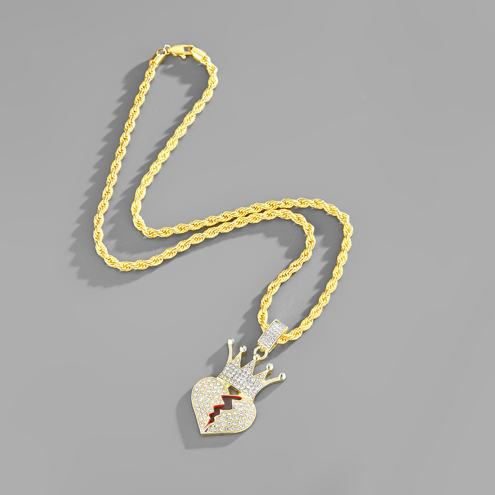 Love Crown Broken Heart Pendant Street Style Full of Diamond Lovers Necklace_voghion.com