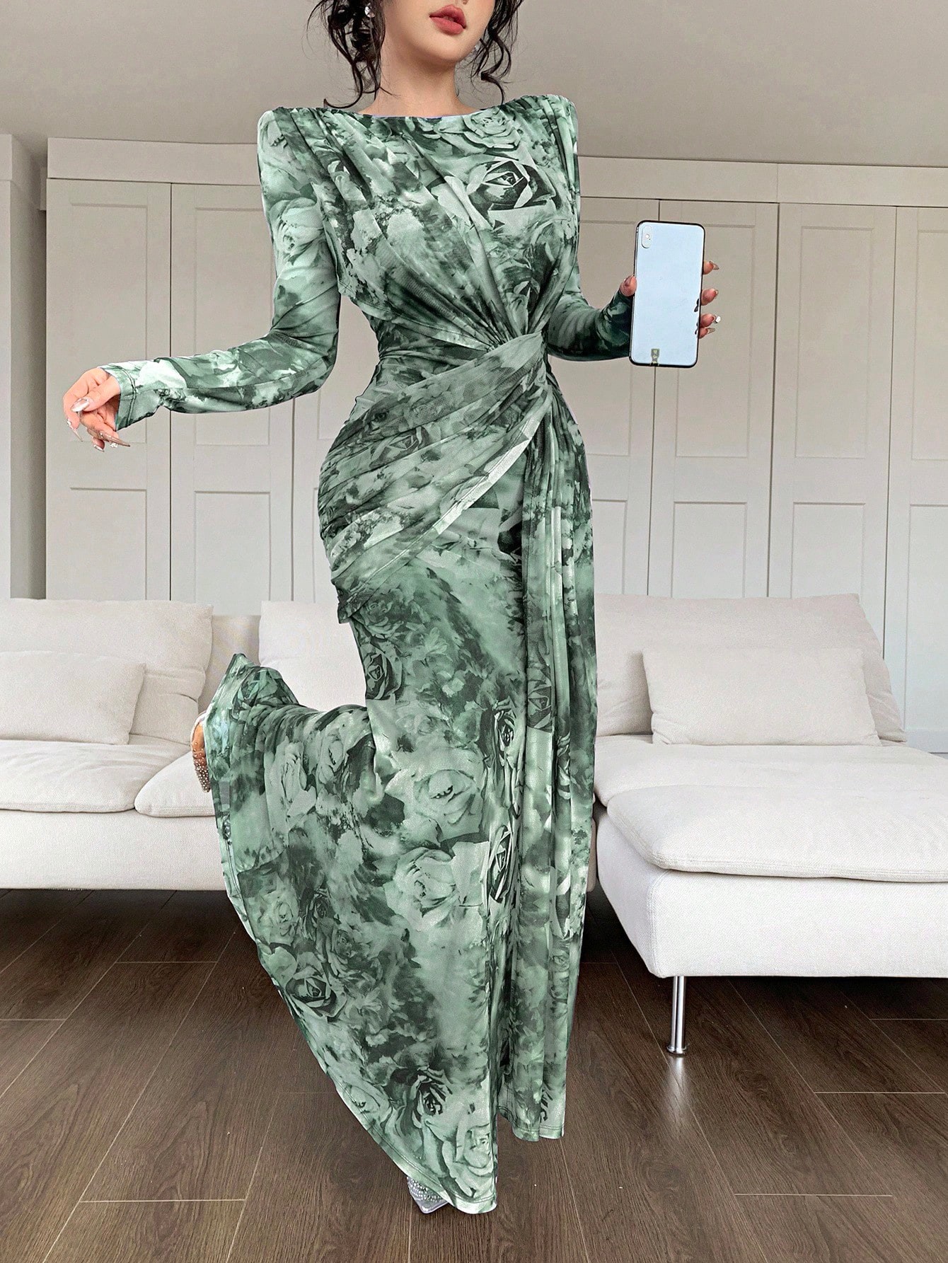 Summer Women's U Neck Long Sleeve Patchwork Slim Fit Printed Maxi Dress_ecoleips.com