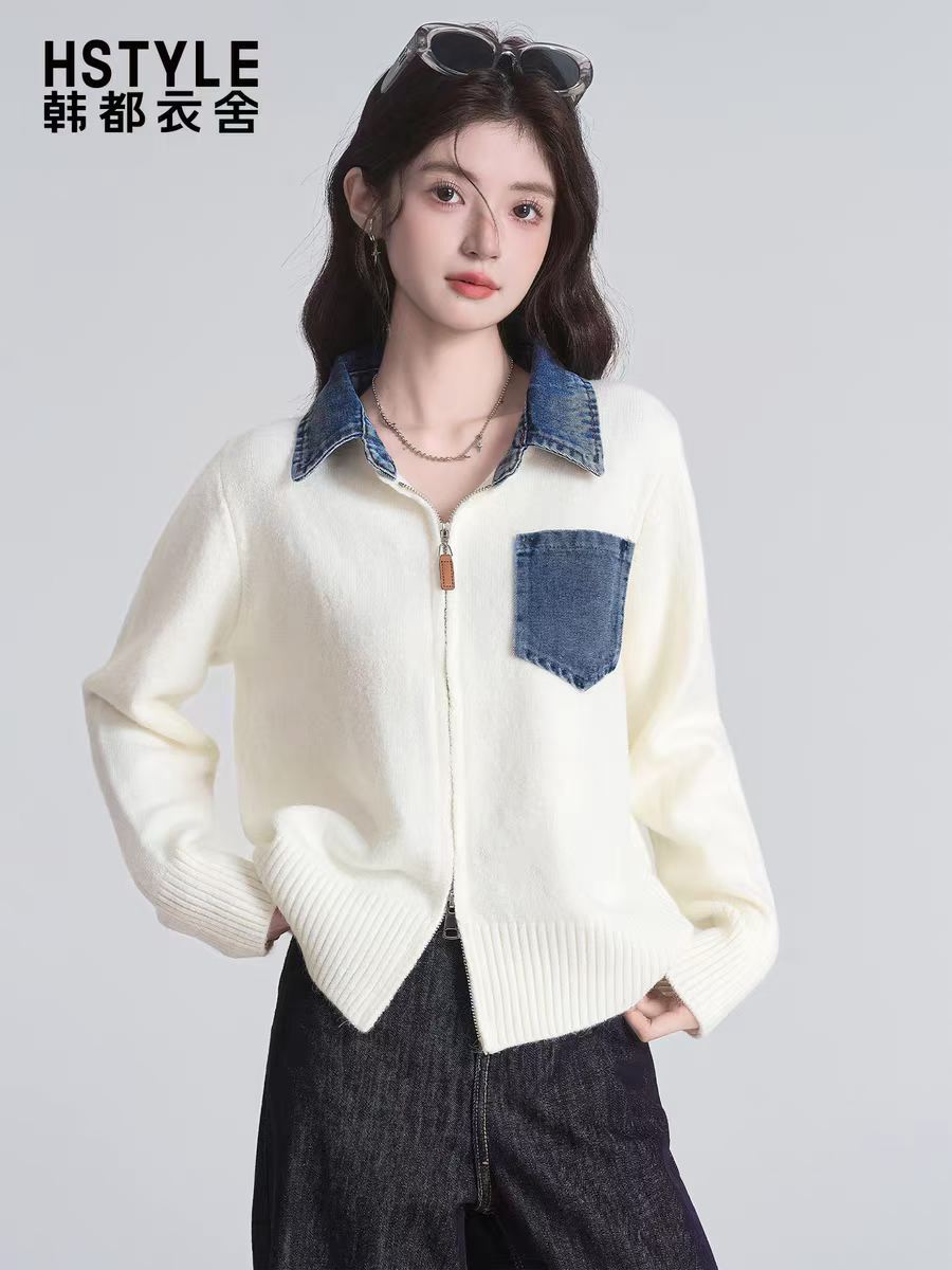 Jeans empalmado con la solapa de punto Cardigan de mujer otoño nuevo falso dos piezas con cremallera adelgazante abrigo de suéter casual universal