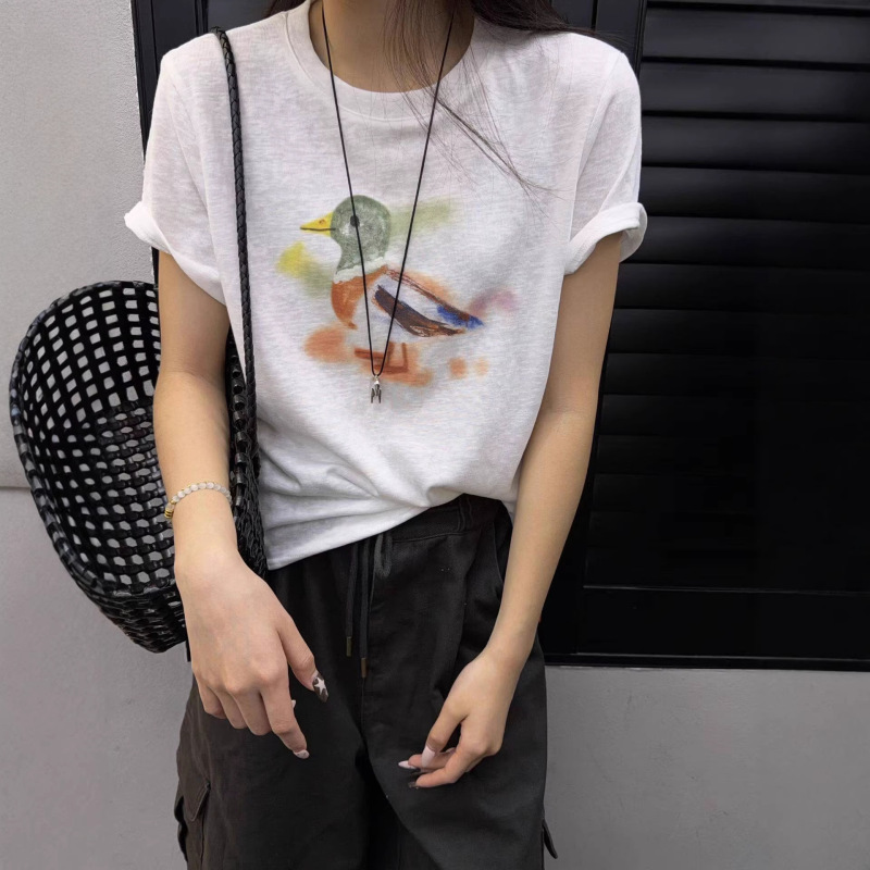 Four Seasons Green Women's Spring/Summer Round Neck Pullover Short Sleeve T-Shirt, Comfortable and Versatile, Animal Print, Petite Cotton Top