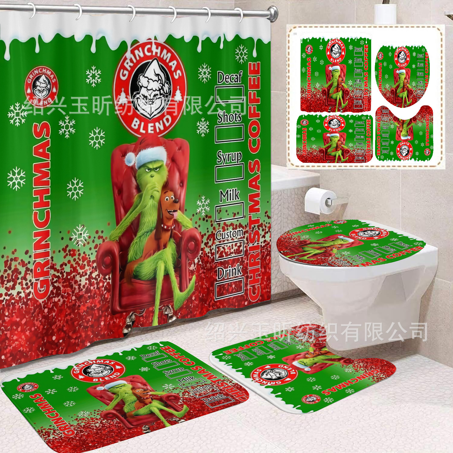 Tela de cortina de ducha transfronteriza, cortina de ducha impermeable, alfombra antideslizante de baño, juego de Grinch 4 de pelo verde al por mayor, sin perforación