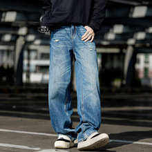 美式复古蓝色水洗做旧宽松阔腿牛仔长裤男潮牌痞帅直筒裤现货韩版