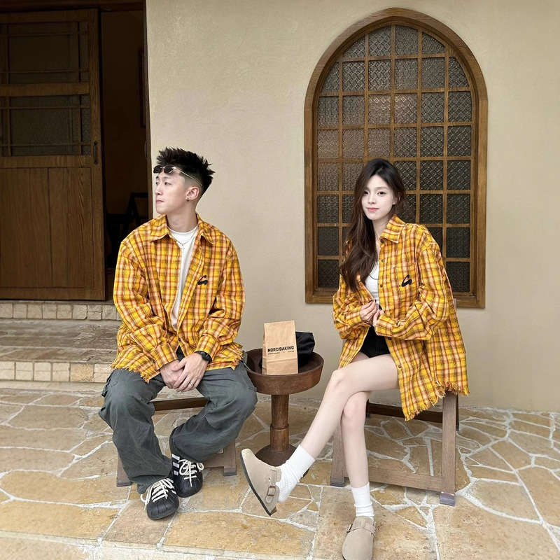 Plaid Shirt for Girls Spring and Autumn Plaid American Retro Handsome Long-Sleeved Dopamine Shirt Couple Style Jacket New