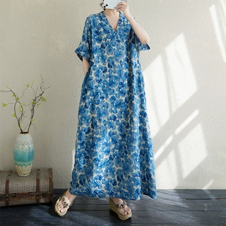 大码女装民族风A字裙胖mm显瘦遮肚度假风碎花长裙轻薄棉麻沙滩裙