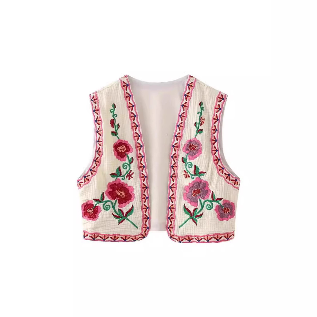 Cross-Border Women's Clothing 2024 Spring and Summer New European and American Style Fashion Casual Embroidered Short Vest Vest Jacket
