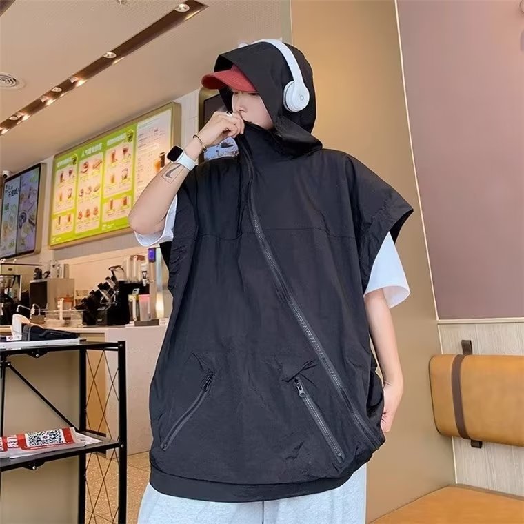 Ice Silk Hooded Zipper Short-sleeved Vest Vest Jacket Rush Clothing Sun Protection Clothing Loose Casual Men's Sun Protection Clothing