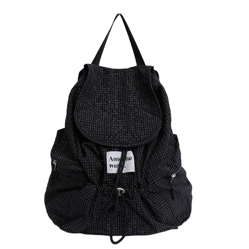 Mochila de color sólido ligero de gran capacidad casual, bolso de mujer a cuadros con cordón, mochila escolar para estudiantes de moda callejera de todo fósforo