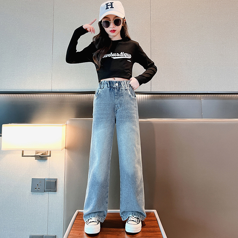 소녀 데님 넓은 다리 바지 봄과 가을 바지 2023 새로운 트렌디 쿨 웨스턴 스타일 대형 어린이 느슨한 캐주얼 스트레이트 바지