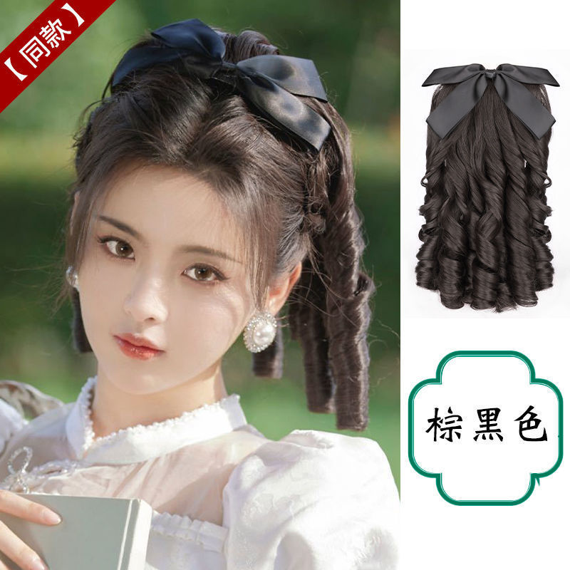 Peruca de caballo de mujer alta simulación retro cheongsam peinado de oro polvo familia de la República de Roma cabello largo trenzas de caballo falsas