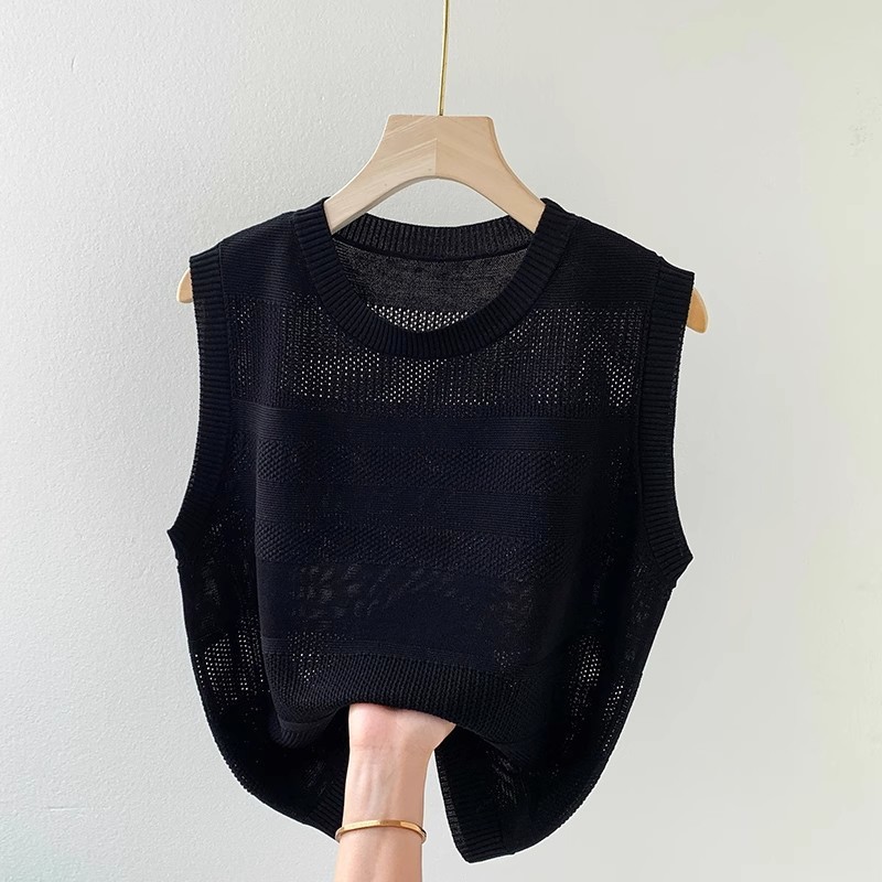 Hollow Ice Silk Knitted Vest for Women 2025 Summer New Style Loose Slimming Look Belly-Covering Bottoming Shirt Top