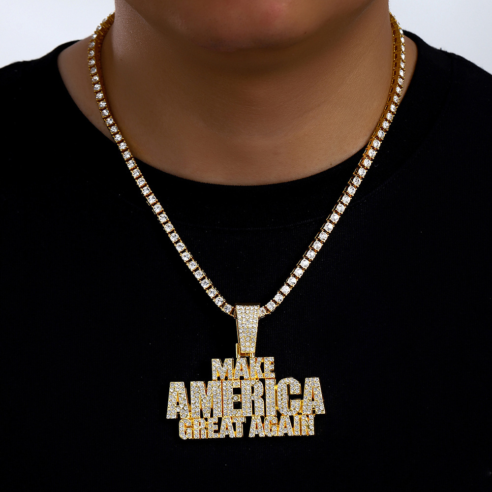 Amazon venta caliente Europa y América Hip Hop accesorios para hombres dominantes llenos de diamantes MAKE AMERICA colgante de letras cadena cubana