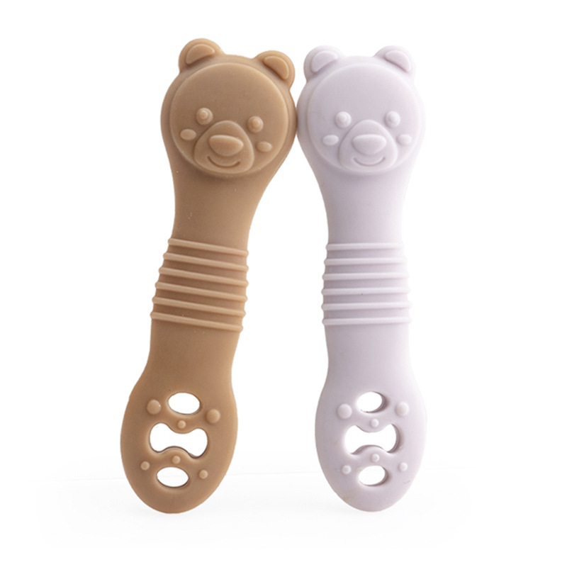 卡通小熊硅胶牙胶 宝宝防吃手安抚玩具米糊勺子 婴幼儿磨牙棒