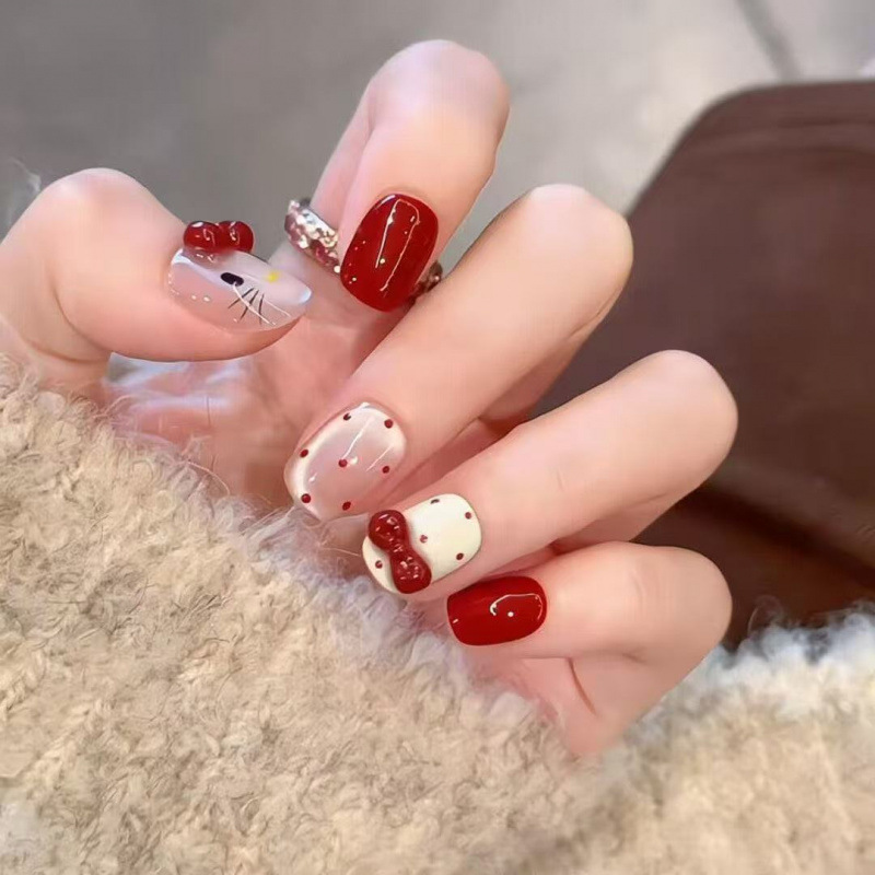 New Cat-Eye Handmade Wearable Nails, Cute Style, Removable Nails, New Year Polka Dot Patches, White-Enhancing Bowknot Nail Art