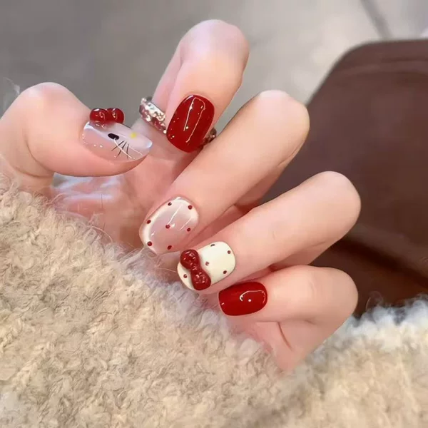 New Cat-Eye Handmade Wearable Nails, Cute Style, Removable Nails, New Year Polka Dot Patches, White-Enhancing Bowknot Nail Art