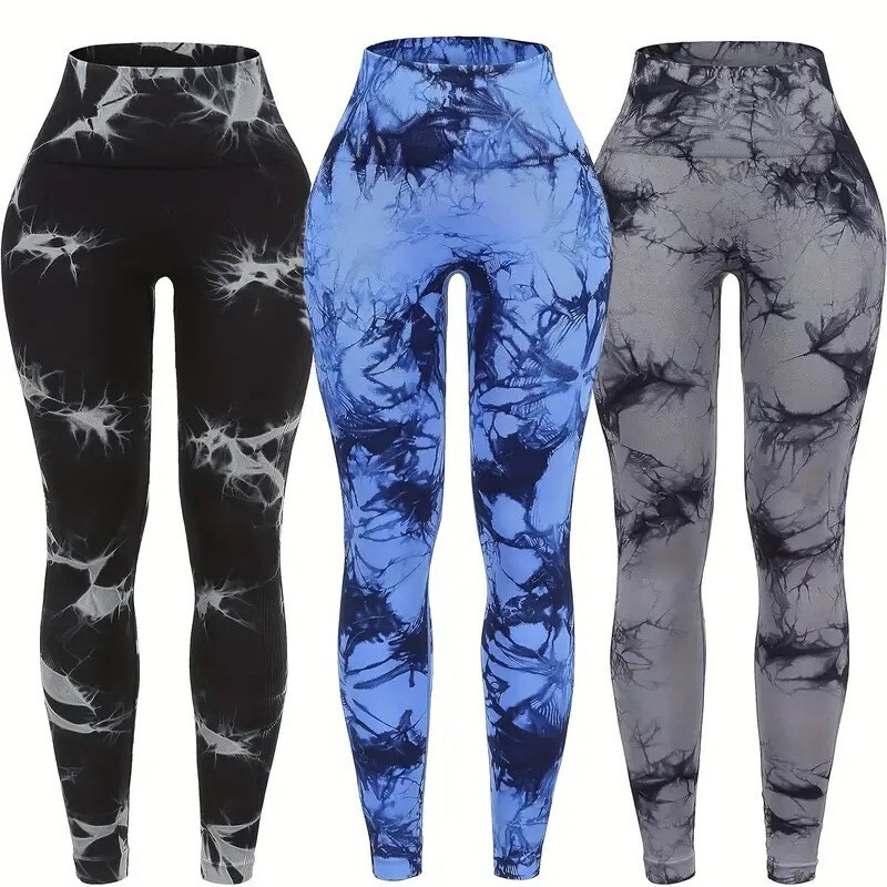 3 Pc Tie-Dye Seamless High Waist Sport Leggings Women, Tight Buttock Lift Yoga Gym Sweatpants