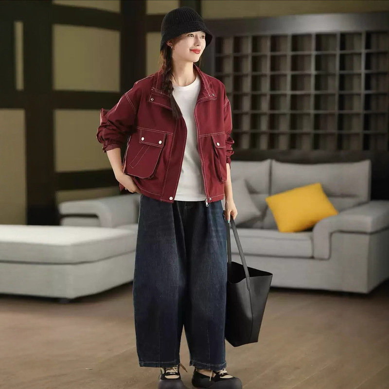 新品廓形感立领风衣女时尚大口袋开衫夹克明线短外套|undefined