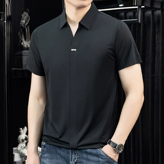 男士剪刀领短袖POLO衫t恤夏季时尚中年男潮流冰丝半无痕V领体恤男