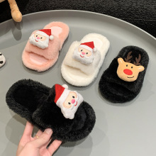 外贸儿童毛毛拖鞋2025秋冬新款保暖软底棉拖鞋圣诞卡通居家一字拖