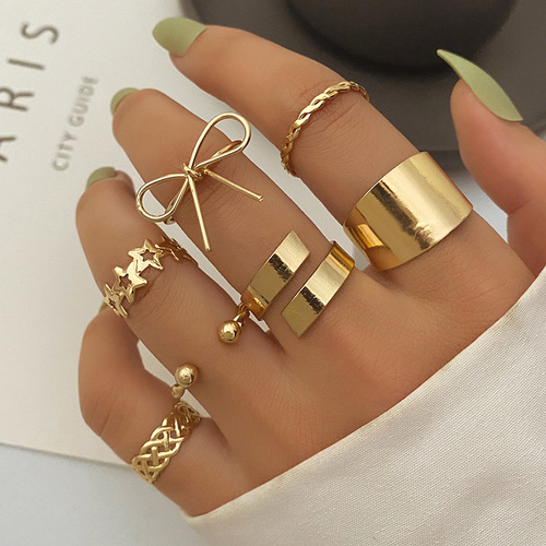 European and American cross-border hot-selling retro bow five-pointed star twist 8-piece ring ins style ring open ring