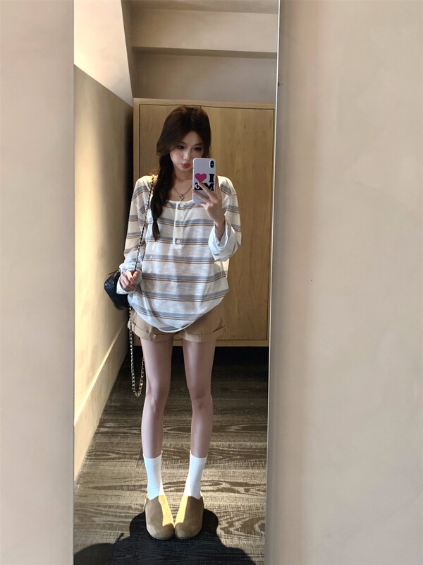 韩系慵懒条纹薄款微透长袖T恤女早秋防晒罩衫设计感宽松休闲上衣|undefined