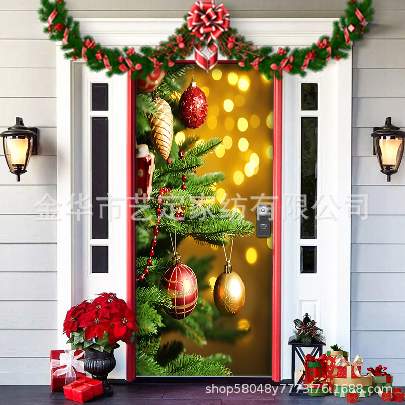 Christmas Decoration Green Christmas Background Cloth Christmas Door Cover New Year Party Decoration Elastic Cloth Door Cover Tapestry