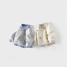 儿童贴标卫衣2025新款秋季男童洋气小狗打底衫潮宝宝假两件套头衫