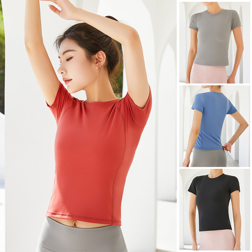 lulu running fitness yoga wear short-sleeved women's quick-drying sports tops can be worn outside solid color tights T-shirt wholesale
