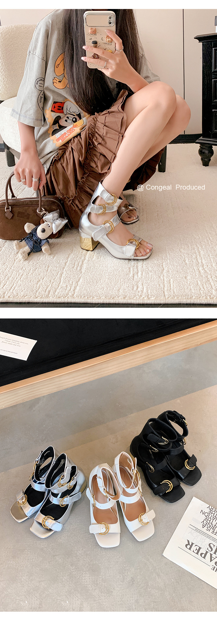 Giày sandal cao gót nữ thiết kế khóa thắt lưng, mũi hở, gót vuông 9 cm — Màu đen, Màu trắng be, Màu bạc chi tiết 21