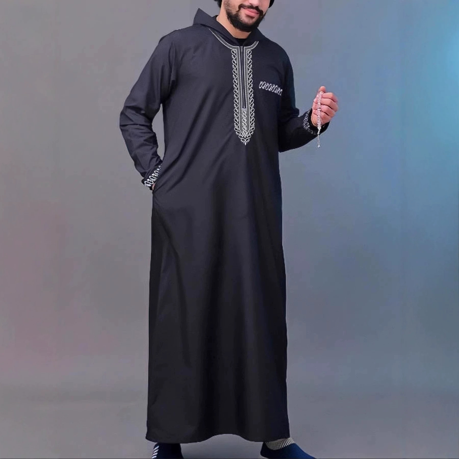 2025 Men's Summer Traditional Ethnic Clothing Men's Loose Hooded African Long Shirt Robe with Zipper