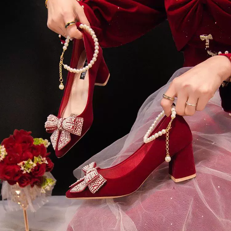 Женские туфли на высоком каблуке 2024 года, весна и осень, новые свадебные туфли на шпильке hexiu в Корейском стиле с мелким ртом и жемчужным бантом
