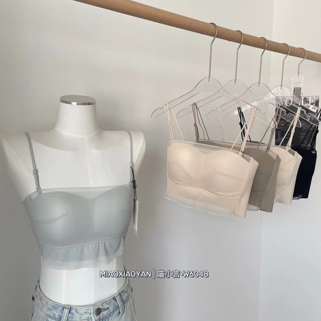 6048 hilo de malla de encaje de niña fresca, anti-luz, sin anillo de acero, top de tubo, sujetador de copa fija, sujetador de pecho fino