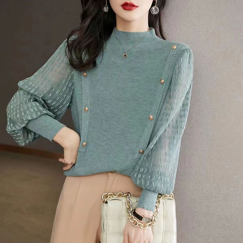 2026 Summer New Style Chanel-Inspired Knit Sweater for Women, Elegant Half-High Collar Base Sweater, Short Lantern Sleeve Top 2026 Summer New Style Chanel-Inspired Knit Sweater for Women, Elegant Half-High Collar Base Sweater, Short Lantern Sleeve Top