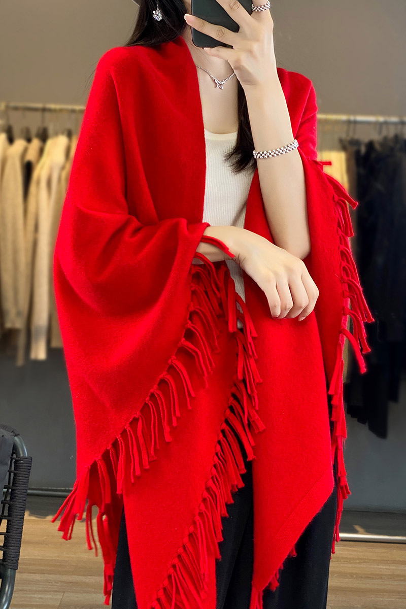 Otoño e invierno europeo y americano chal de lana capa de borla ropa exterior de las mujeres manta bufanda suelta sin hebilla abrigo de punto suéter de las mujeres