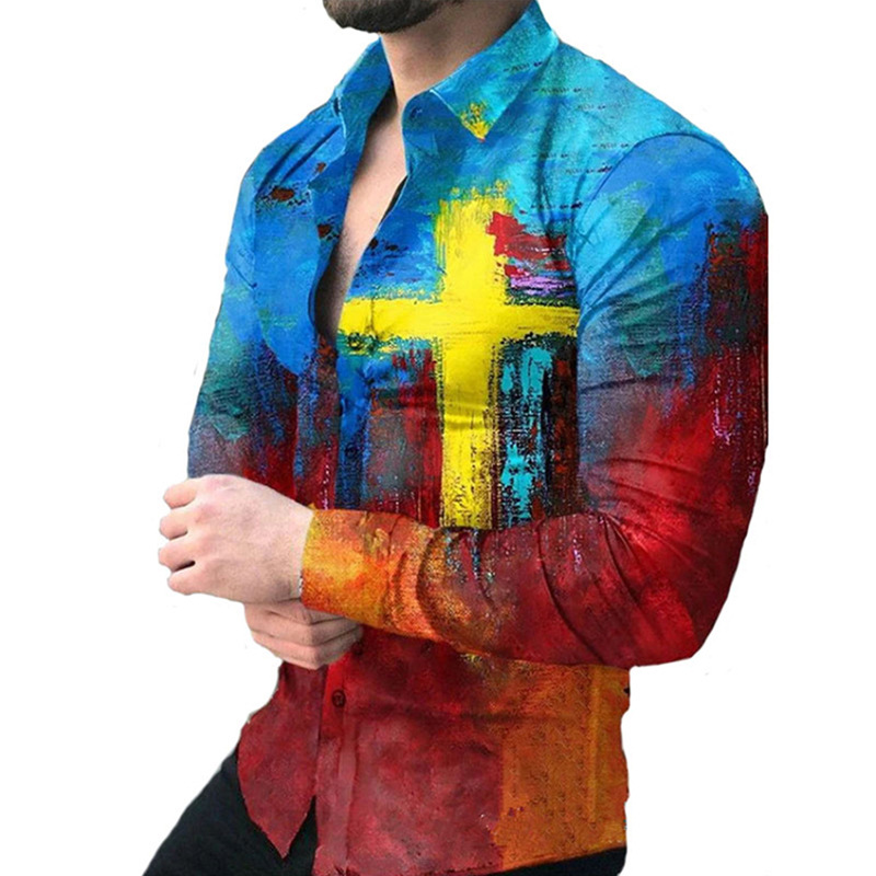 2023 Europea y América primavera nuevos hombres 3D impreso personalizado de solapa casual Camisa de manga larga de los hombres más tamaño camisa de los hombres