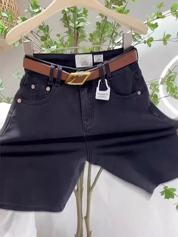 Spring and Summer Black Stretch Jeans Women's New Straight Pants Slimming Look Loose Five-Point High-Waisted A-Line Shorts 2025