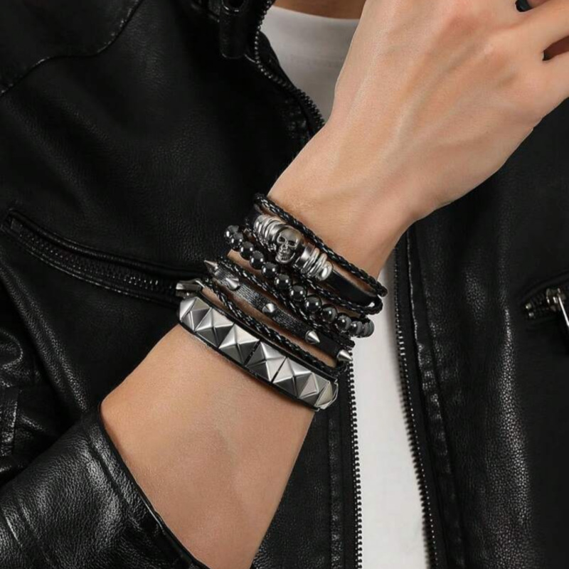 European and American Cross-Border Multi-Layer Punk Style Leather Bracelet Set, Personalized Hip-Hop Men's Rivet Gothic Bracelet Accessories European and American Cross-Border Multi-Layer Punk Style Leather Bracelet Set, Personalized Hip-Hop Men's Rivet Gothic Bracelet Accessories
