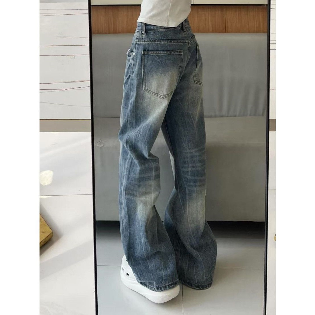 【新塘牛仔全店现货】美式牛仔裤女设计感宽松显瘦百搭直筒拖地裤