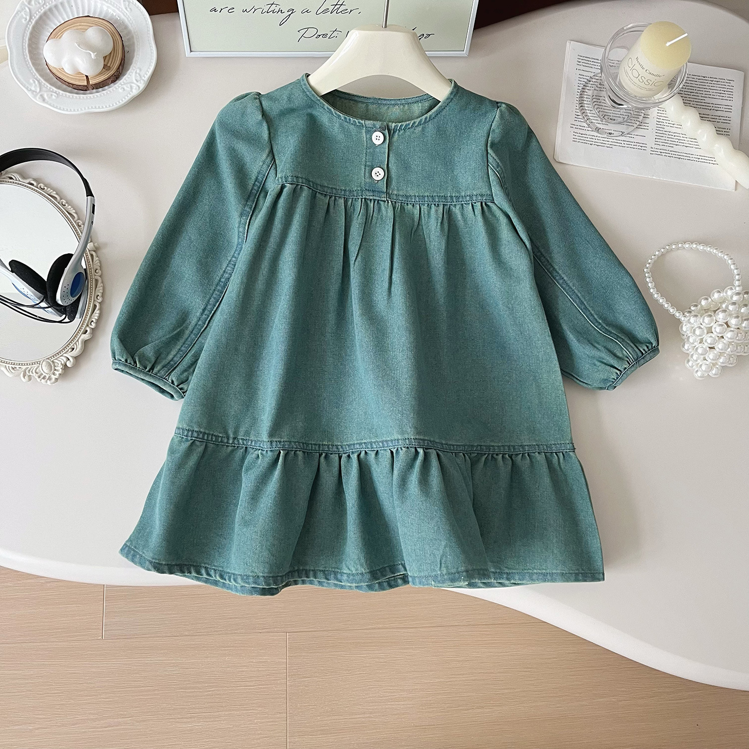 Girls' Korean-style fashion denim solid color denim dress 2024 autumn new long-sleeve baby girl doll dress