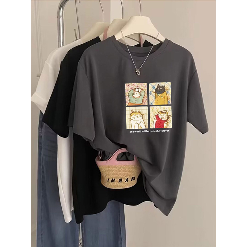 Regular Basic Style Straight Shoulder Pure Cotton Short-Sleeve T-Shirt for Women, 2026 Spring/Summer Fashion Versatile Stylish Charcoal Gray Top