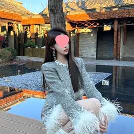 气质小香风重工钉珠鸵鸟毛套装立体花瓣长袖外套高腰半身裙两件套