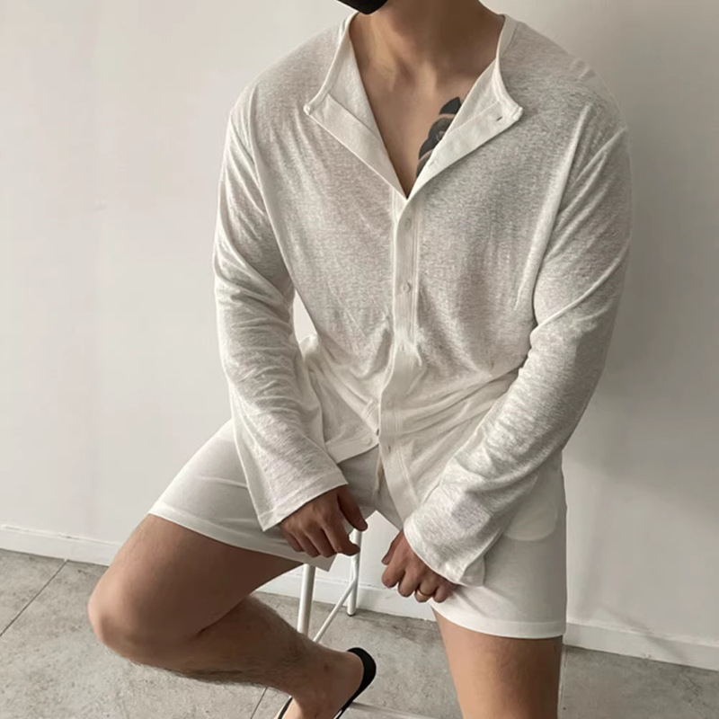 Ice Silk Linen Blend Knitted Cardigan for Men, Lightweight, Slightly See-Through, Tight-Fitting, Long-Sleeved Sun Protection Clothing, Round Neck, Stretchy Tencel Shirt