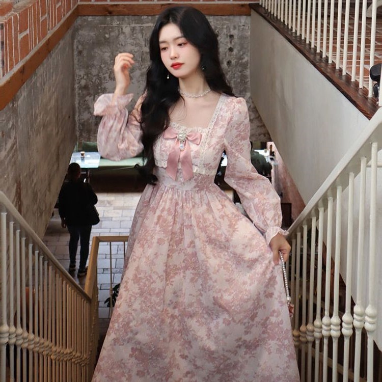 法式甜美碎花长袖连衣裙女秋季高级感气质长裙收腰温柔风仙女裙子|undefined