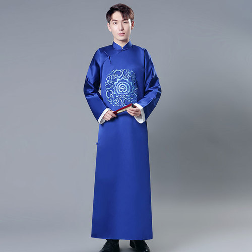 Men Chinese best man group dress wedding groomsman robe tunics embroidery costume young men tang suit republic of China of Chinese crosstalk host long coat