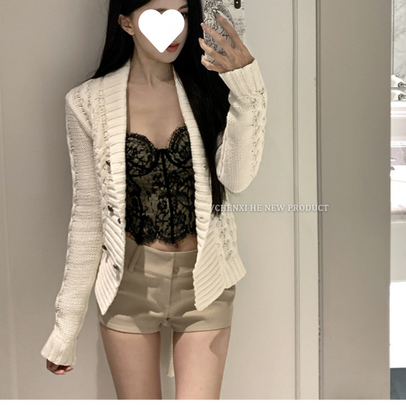 Coreano relajado correa de cintura de manga larga de punto cardigán femenino de alta calidad casual doble chaqueta de botón