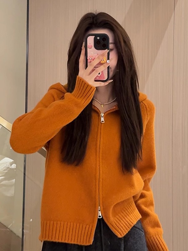 连帽毛衣女春秋慵懒感2025新款设计感韩系小个子短款针织开衫|undefined