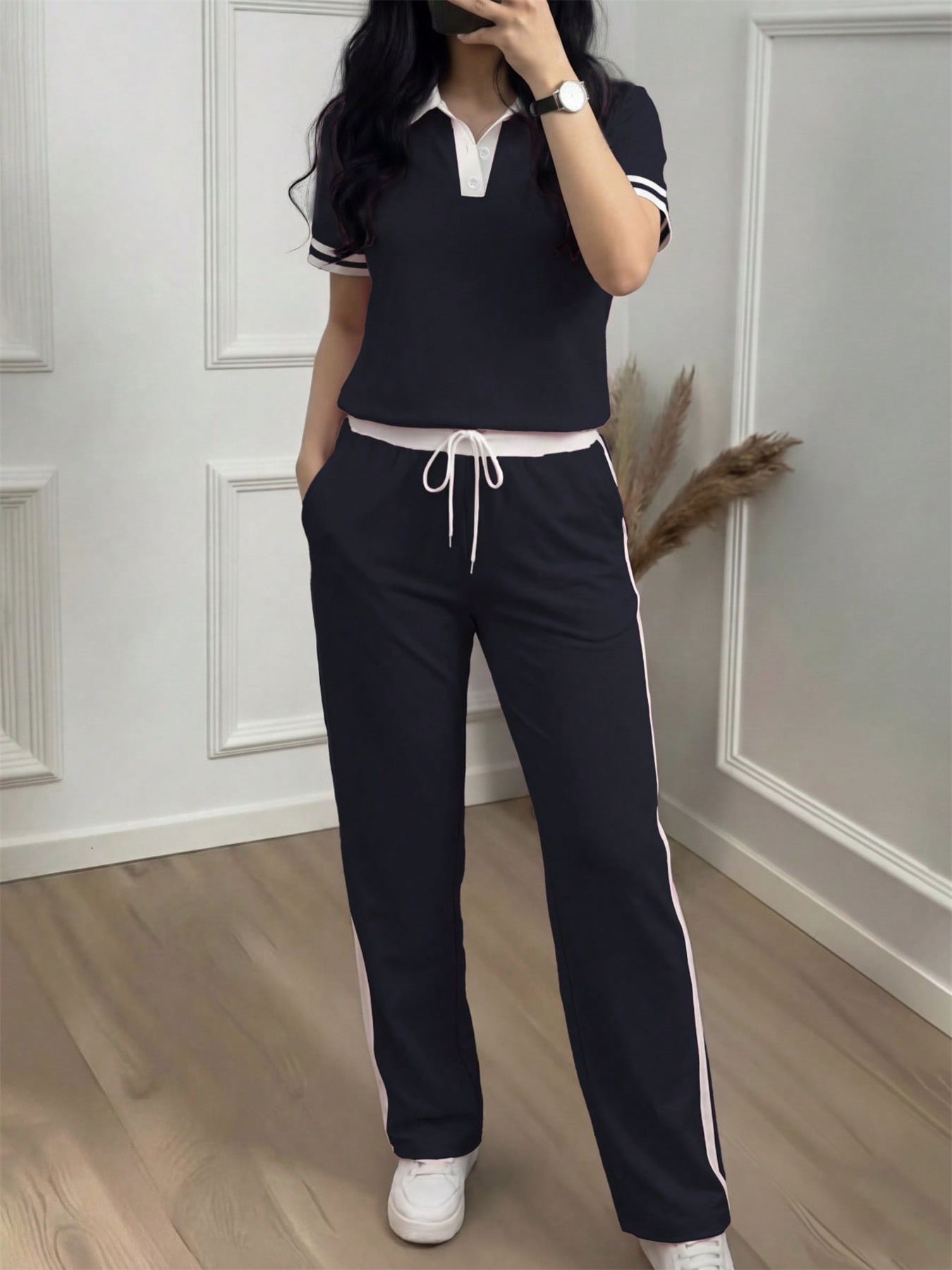 Women's Casual Color Block Polo Neck Top with Striped High-Waisted Drawstring Trousers Set Comfortable Summer Pant Set_ecoleips.com