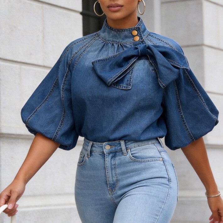 2026 Spring and Autumn Gradient Color Lightweight Half-Sleeve Puff Sleeve Pullover Denim Top Shirt with a Stylish Casual and Minimalist Look 2026 Spring and Autumn Gradient Color Lightweight Half-Sleeve Puff Sleeve Pullover Denim Top Shirt with a Stylish Casual and Minimalist Look
